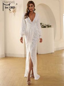 Urban Sexy Dresses Missord White Long Evening Women Deep V Neck Lantern Sleeve Lår split maxi Party Prom Dress Elegant Bodycon Gown YQ240327