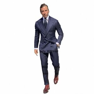 Azul marinho ternos masculinos duplo breasted busin blazer smoking baile de formatura smoking fino ajuste 2 peça terno masculino completo jaqueta calças 90es #