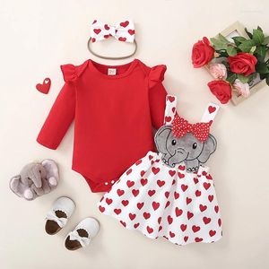 Kläder sätter babyflickor valentins dag kläder långärmad romper hängspens kjol pannband påsk semesterkläder