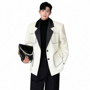 luzhen Elegant Men's New Blazers Coat Spring Clothes Korean High Street Ctrast Color Splicing Suit Jacket Trendy Woolen 639b04 W2yX#
