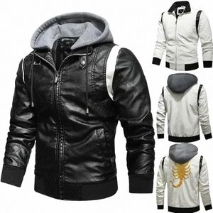 Осень Зима Кожаная куртка-бомбер Мужская куртка с капюшоном с вышивкой Скорпиона Кожаная мотоциклетная мужская куртка Райана Гослинга d8wD #