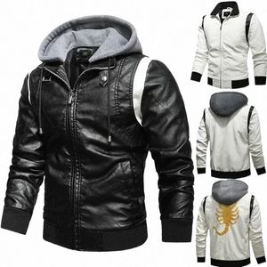 Autumn Winter Bomber Leather Jacket Men Scorpi broderi Huvjacka PU Läder Motorcykel Mens Ryan Gosling Drive Jacket D8WD#