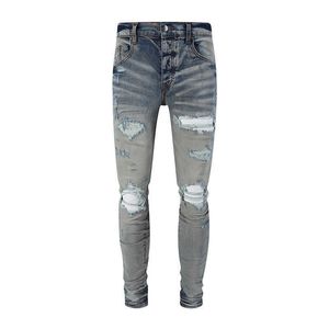 Amirca модный бренд светлый цвет корову вымыта и изношенные лоскутные клады MX1 Elastic Slim Fit Jeans Mens High Street Instagram