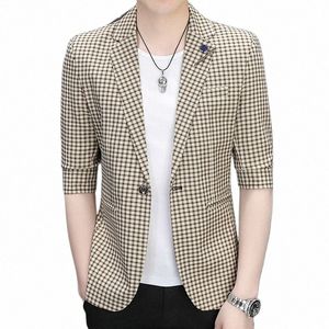 hoo 2023 Summer New Men's Middle-Sleeve Floral-Print Suit Jacket Teenagers Handsome Casual Plaid blazer x37z#