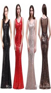 Bling Pullu Vintage Kırmızı Siyah Denizkızı Akşam Elbisesi V Boyun Seferi Sırtsız Süpürme Tren Ünlü Akşam Balo Gowns Gerçek PO8028667