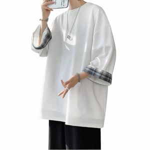 spring Summer Men's T-shirts Women Oversized 2XL Korean Style Loose Plaid T-shirt Casual Seven sleeves T-Shirt Male White E4oM#