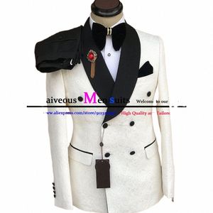 Neueste Slim Fit Zweireiher Hochzeitsanzug für Männer 2023 Luxus Elfenbein Jacquard Herrenanzug 2 Stück Blazer Hosen Bräutigam Prom Anzüge k2gJ #