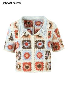 BOHO Aushöhlen Häkeln Geometrische Blume Kurzarm Strickjacke Frauen Sommer Urlaub Vorderen Tasten Revers Pullover Crop Tops 240323