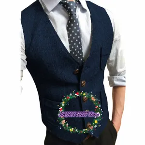 Tweed Herringbe Men's Suit Vest V-hals Formell enkelbröst Multi-Pocket ärmjacka Busin Chaleecos för bröllop x3mq#