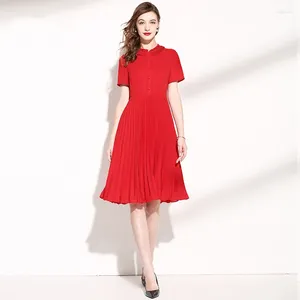 Party Dresses Red Dress Women Summer M-XXL 2024 Stand Collar Short Sleeved Solid Color Slimming Elegant Pleated Chiffon Knee Length
