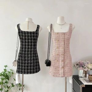 Casual Dresses Spring Summer Temperament Tweed Mini Dress Women Sexy Small Fragrance Plaid Double Breasted Tank Robe Ladies 2024