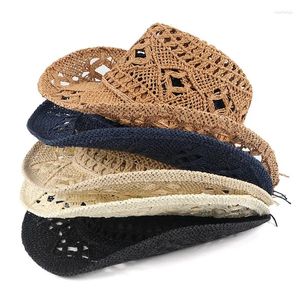 Boinas Chapéu de Cowboy Mulheres Homens Verão Sun Caps Moda Hollowed Handmade 2024 Viagem Praia Chapéus de Palha Unissex Sólido Western Sunshade Cap