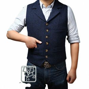 Lã masculina herringbe terno colete fino colete entalhado lapela colete casual melhor homem smoking masculino q4rV #