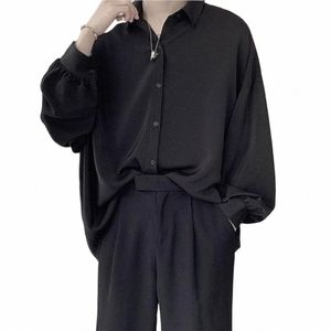 Camicie a maniche lunghe con cravatta nera gratuita da uomo Camicette comode coreane Camicie monopetto allentate casuali Maglietta da uomo Harajuku J0vA #