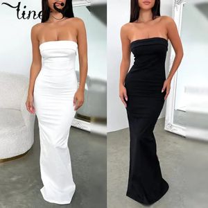 Off Axel Slash Neck Sexig lång klänning Dragkedja Tunika Maxi Dres Strapless Backless Solid Color Vacation Outfit 240312