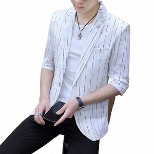 hoo 2023 Men's Elbow-Sleeved Top Printed blazer Youth Summer Plaid blazer r2jy#