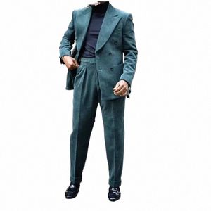 FI Corduroy Peak Lapel Men passar Wedding Masculino Terno Tuxedo Slim Fit Groom Prom Compoume Homme Blazer 2 PCS JACKA+Pant F77R#