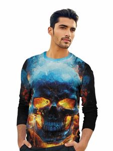 Mavi Alev Kafatası LG Kollu T-Shirt All-Over Bask Baskı El Boyalı Desen 3D Baskılı Erkek Giyim Popüler Sokak Trend Be Tee V2SU#