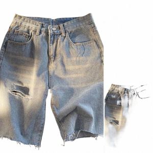 plus Size Men Denim Shorts Ripped Pockets Stretchy Burr Broken Hole Bottoms Short Jeans for Men Summer B76i#