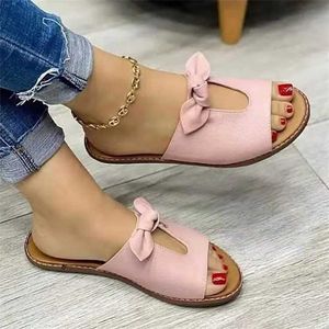 Slippers Slippers 2023 Womens Soes Cute Buerfly Knot Flats Casual Sandals Solid Beach Zapatillas Strapless H240327