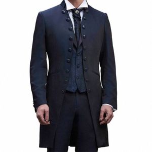 luxury Tuxedo Men Suits Blue Stand Lapel Double Breasted Lg Jacket Pants Vest 3 Piece Slim Fit Elegant Groom Wedding Outfits 33XN#