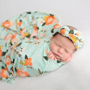 Koce 2pcs/set urodzony turban bawełniana bawełniana czapka 0-6m niemowlęta koca chłopiec dziewczyna kwiatowe opaski na głowę