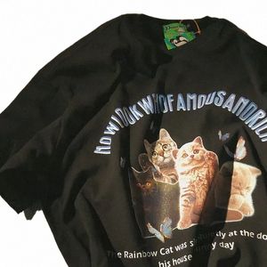 Harajuku fi女性Tシャツカラフルな子猫プリントOネックTシャツY2KカジュアルストリートウェアカジュアルTシャツ特大の服かわいいX69x＃