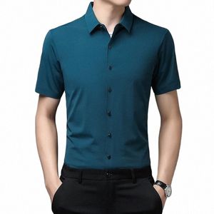men's Smooth Silk Shirts Summer Seaml Clothes Offical Man Pure Color Streetwear Short Sleeve Male Soft Dr Shirts M14V#