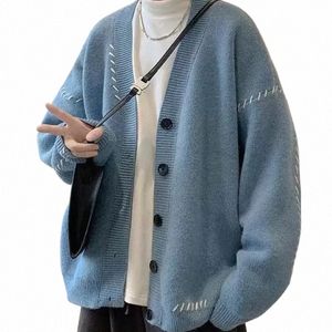 autumn V-neck Cardigan Sweater Men Women Streetwear Loose Lazy Style Korean Vintage Knitwear Jacket Fi Brand Mens Cardigan D533#