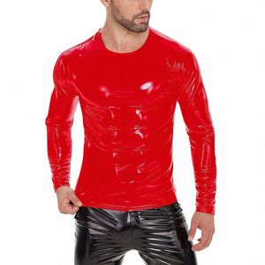 Mens Glossy PVC Leather T-Shirt LG Sleeve Plus Size Shiny Leather Tees Male Wetlook Latex Sha Casual Coat Zipper bredvid U1QD#