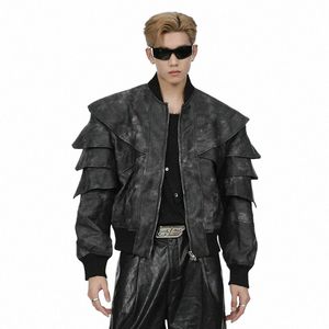 fewq Niche Decstructi Split Jacket Men's Loose Design High Street Short Coat Trend PU Leather Sleeve Design Male Tops X7er#