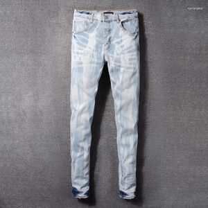 Herr jeans high street mode män retro ljus blå stretch mager fit varumärke homme tie-dye designer hip hop denim penna byxor