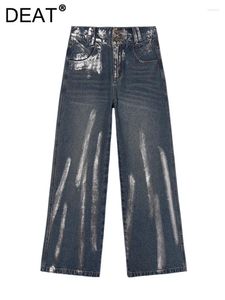 Kadınlar Kot Gümüş Kaplamalı Gradyan Donanma Gevşek Düz Geniş Bacak Kadın Denim Pantolon 2024 Bahar Moda 29L6708