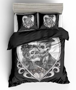 Schwarz-weißes Totenkopf-Bettwäsche-Set, King-Size-Bett, Liebesblume, Bettbezug, Queen-Heimtextilien, bedrucktes Einzelbett-Doppelbett-Set mit Kissenca8086882