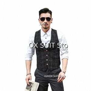 men's Suit Vest V-Neck Single Breasted Plaid Sleevel Waistcoat Steampunk Party Wedding Chalecos k01i#