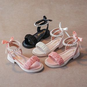 Детские сандалии для девочек-гладиаторов, летние детские сандалии принцессы с жемчугом, молодежная опора для малышей, розовый, белый, черный, 26-35 d3zC#