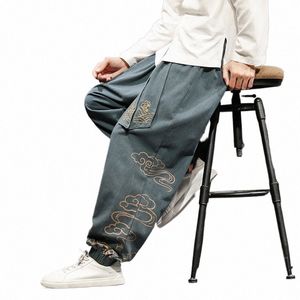 2024 Herrens överdimensionerade benbyxor HARAJUKU COTT LINEN CASUAL TROUSERS MANA BRODERY Nya män Jogga Sweatpants Streetwear P9cb#