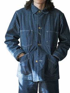 n Stock 1930s Wab Stripes Jacket Vintage Men's Workwear Railway Denim Coat J8CP#