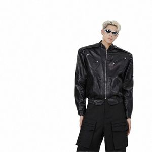 Pu jaqueta de couro dos homens nova primavera tendência coreana ombro almofada zíper curto bombardeiro casaco alta rua punk motocicleta outwear unisex 39Ve #