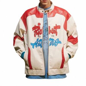 American Street Retro Stand Collar CTrasting Graffiti PU Giacca in pelle PEITURA ATUNCIO E INVERNO UNISEX MOTORCYCLE UNISEX P6QB#