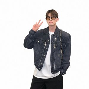 autumn Retro Short Shoulder Pad Denim Jacket Men's Wed Distred Loose Casual Persality Jackets Overcoat Male Clothes 67u9#