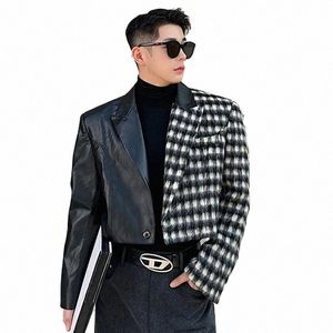 iefb Designer Men's Jacket Ctrast Color Plaid Woolen Leather Patchwork Short Coat Versatile Turn-down Collar Male Top 9C3595 30iT#