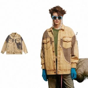 retro Cargo Denim Jacket Patchwork Man Woman Distr Loose Street Cowoby Jackets Multi Pocket Spring Autumn Oversized Outwear 42kC#