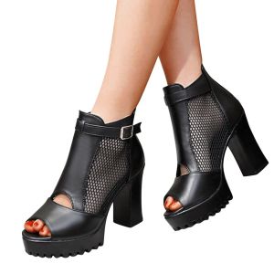Stövlar Nytt svart net tyg läder sexig hög klack sandaler kvinna skor pumpar chunky hög häl kik tå sandaler rom plattform zip stövlar