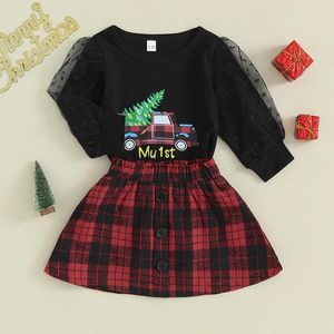 Set di abbigliamento Bambino Neonata Abiti natalizi Camion Stampa di lettere Top Gonna scozzese con bottoni Abiti a maniche lunghe in 2 pezzi