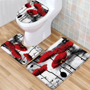 Mattor Flower Bath Mat Set 3D Print Black White Rands Red Pink Floral Low Pile Memory Foam Bath Matt Toalett Toalett Täckt Ushaped Carpet