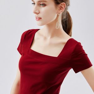 Summer Cotton square neck T shirt women short-sleeved clothes Slim Sexy tops Red White Black retro womens T-shirts