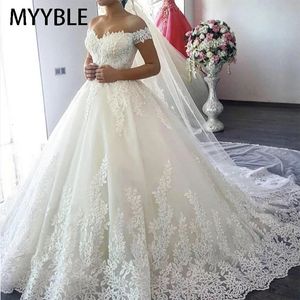 Myyble vit från axeln plus size vestido de noiva bröllop klänning tåg anpassad plus size brud tyll mariage240327