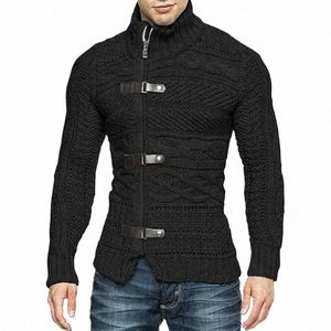 men Sweaters Autumn Winter High Neck Sweater Men's Leather Buckle Lg Sleeve Knitted Cardigan Coat Large Size Men Clothing 84dy#