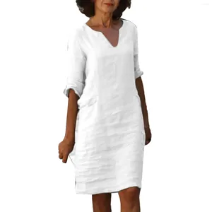 Vestidos casuais sólido branco verão para mulheres vintage algodão linho 3/4 manga solta midi vestido senhoras férias praia vestidos